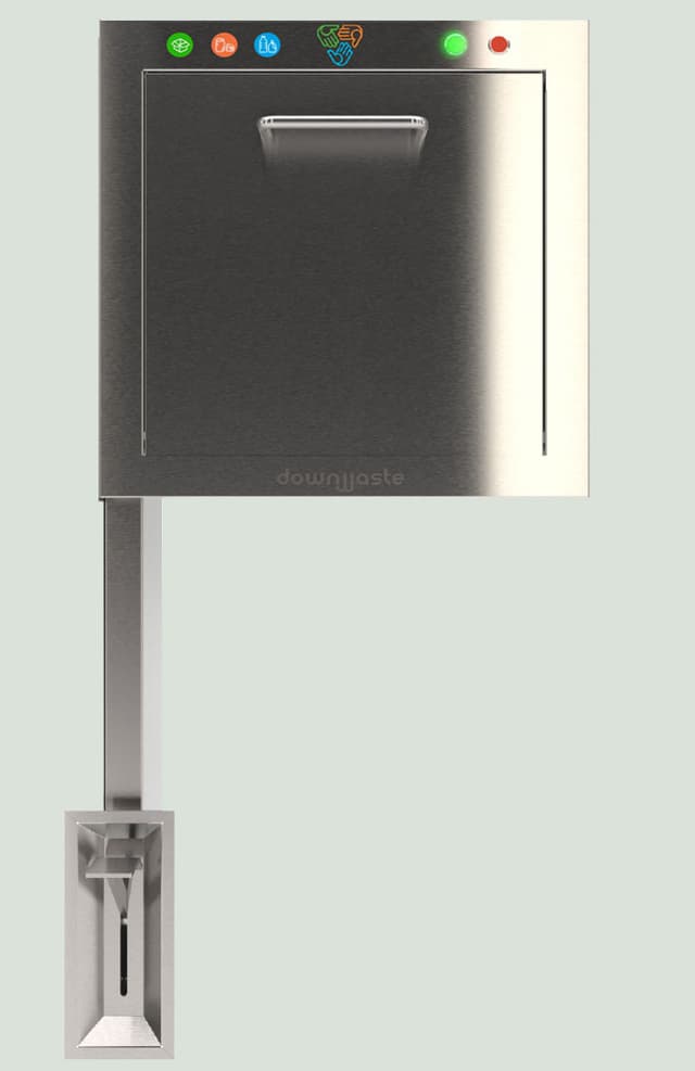 Downwaste recycling chute door with foot pedal operation